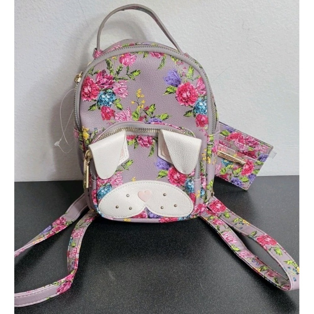 Betsey Johnson Kitsch Mini Backpack Floral Puppy Bunny Ears Face With Wallet